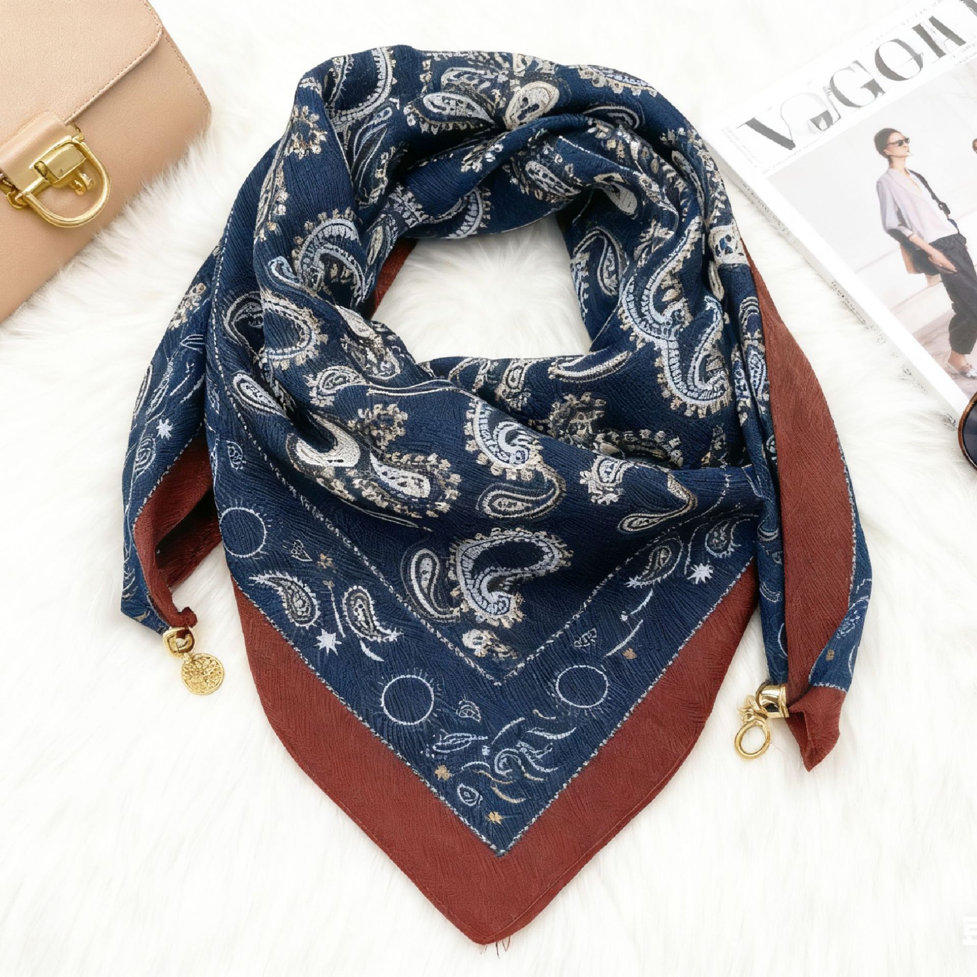 Nouveau Foulard Carré de Luxe en Soie pour Femme, Écharpe à Boucle Magnétique, Imprimé Floral, en Coton et Lin, Triangle Croisé, Doux et Chaud