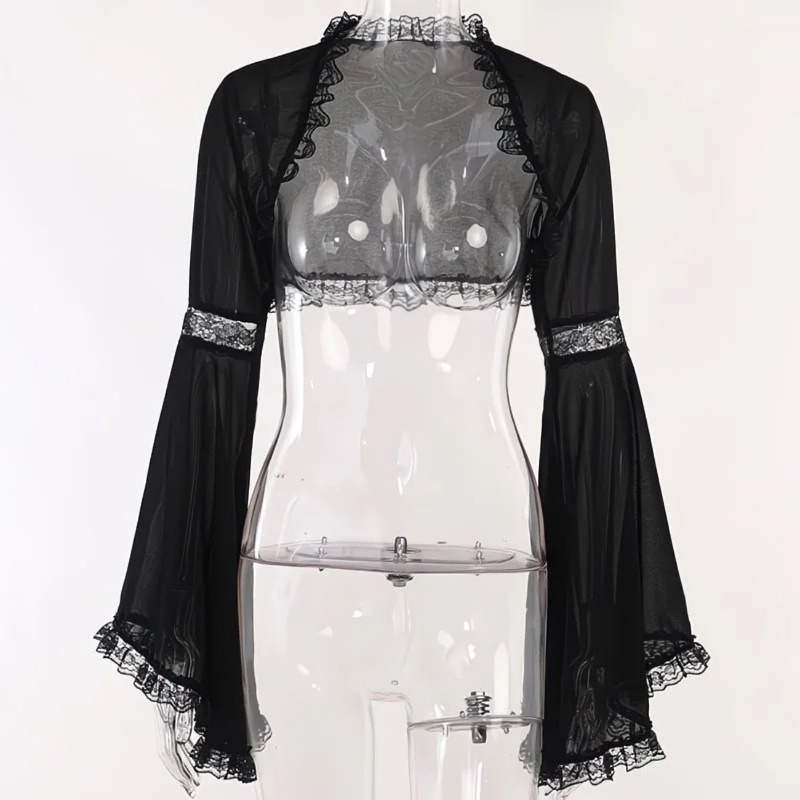 Boléro en dentelle transparente à manches longues évasées, style elfe, pour mariée, avec volants, châle, couvre-robe, veste ouverte Lolita, cardigan