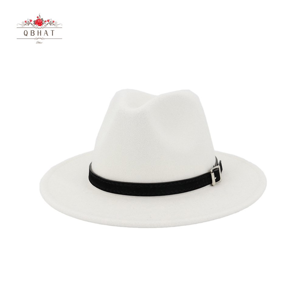 QBHAT-Chapeau anderen feutre de laine à large bord pour hommes et femmes, Fedora avec ceinture, casquette Trilby, chapeau formel de fête, blanc, noir