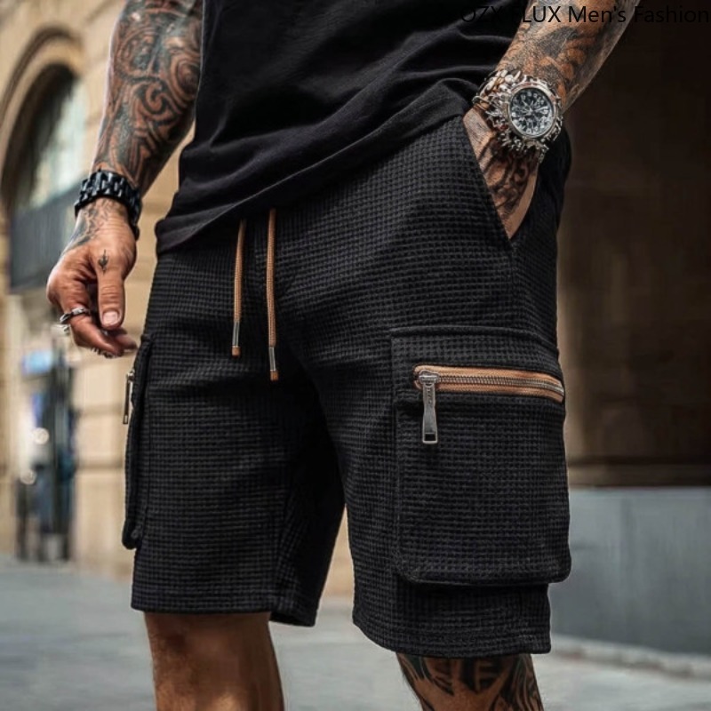 Shorts Cargo Homme Été Imperméables Respirants Extérieur Poches Zippées Décontractés Taille Élastique Tissu Gaufré Vêtements de Travail Lavés