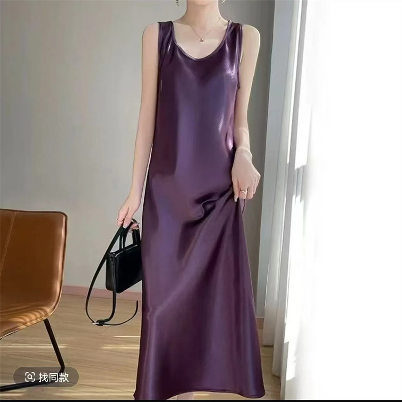 Robe maxi décontractée pour femmes, grande taille 5XL, robe longue en satin d'acétate haut de gamme, col rond, sans manches, vestidos pour femmes
