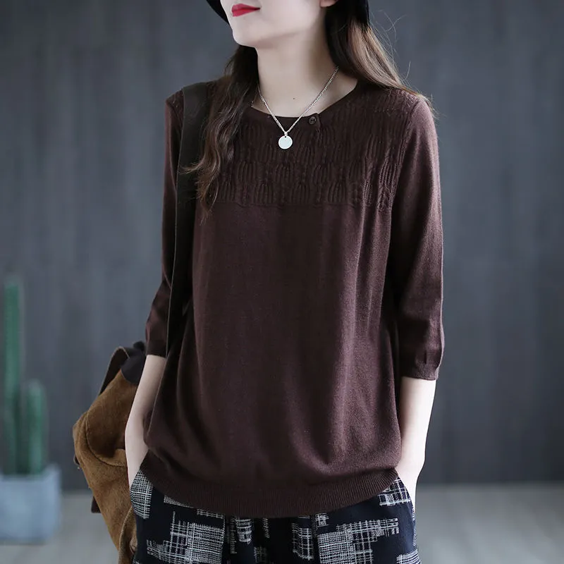 T-shirt Femme Col Rond Trois-quarts Décontracté Uni Nouvelle Collection Été – Haut Ample Tendance pour le Bureau