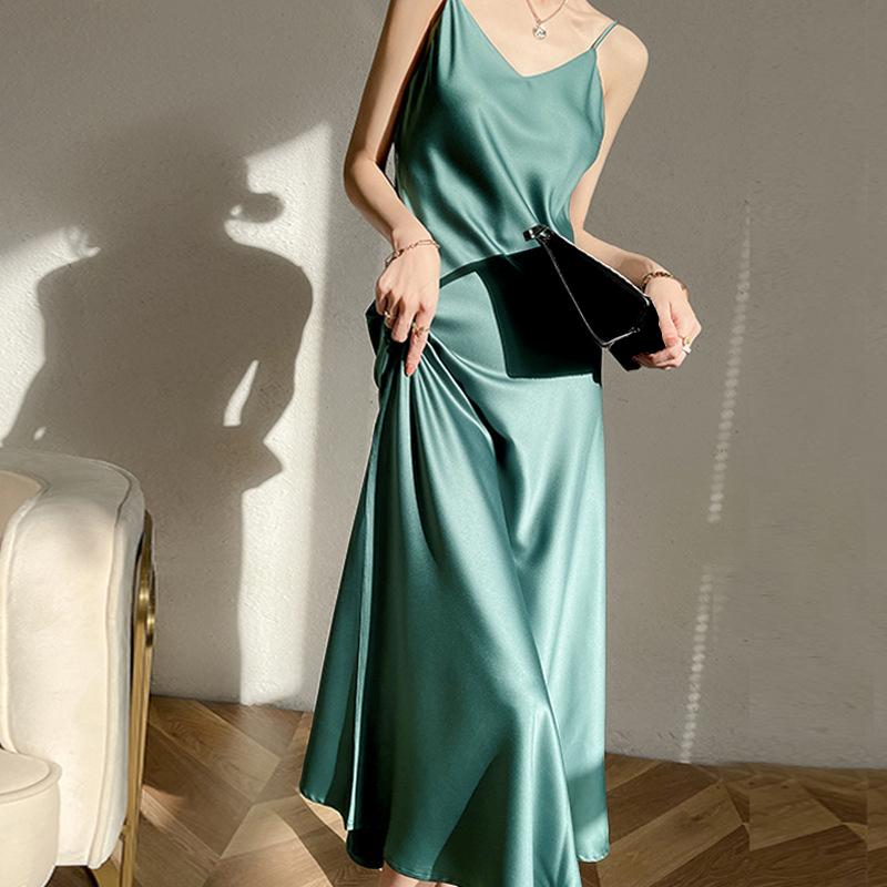 Robe longue en Satin Vintage pour femmes, tenue d'été Sexy, bretelles Spaghetti, Maxi, tenue de soirée, mi-longue, vêtements féminins