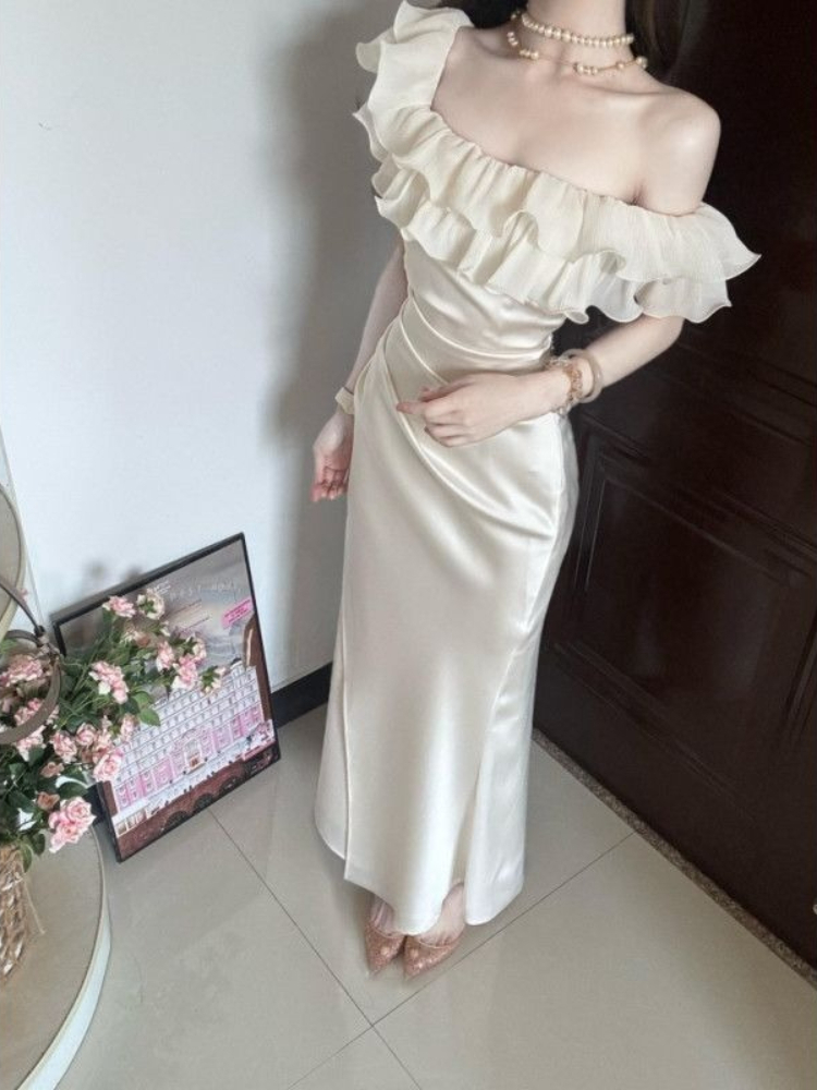 Robe élégante française printemps-été pour femmes, robe longue chic à volants, épaules dénudées, robe de soirée blanche sexy Harajuku