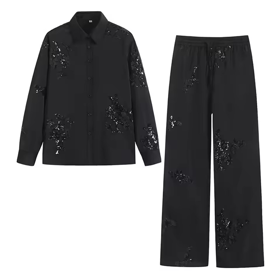 Ensemble chemise et pantalon brodés pour femmes, ensemble 2 pièces, haut et pantalon en Satin à paillettes, nouvelle collection printemps été 2025