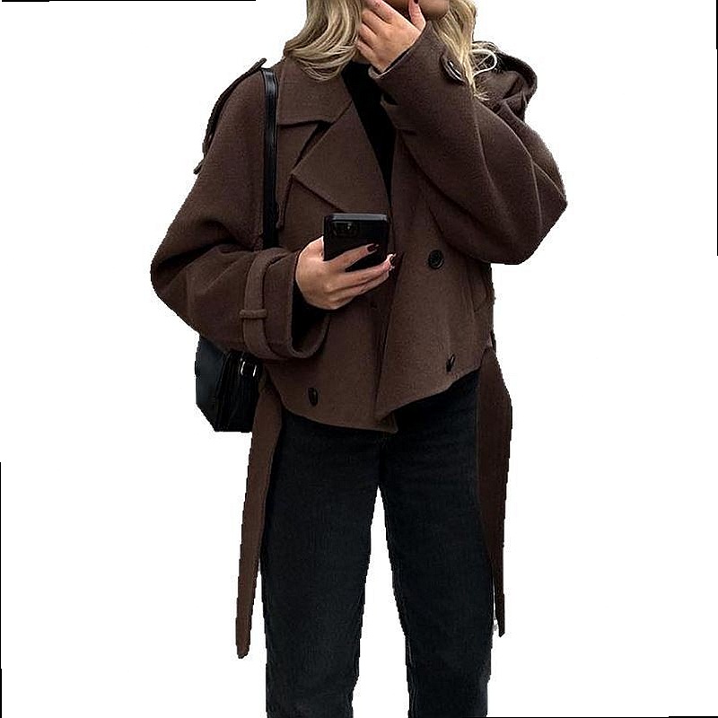 Manteau classique en laine avec revers crantés et ceinture, manteau court pour femmes, vêtements d'extérieur pour le printemps et l'automne, manteaux élégants