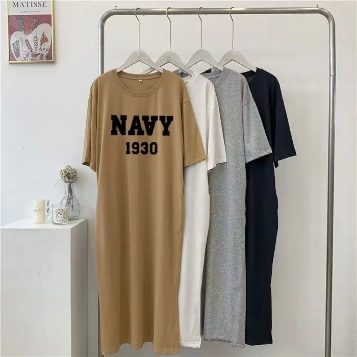 Robe d'été décontractée simple à imprimé lettres, style coréen, coupe ample, col rond, manches courtes pour femme