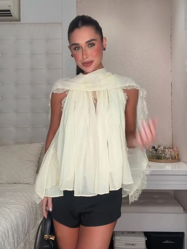    Chemisier élégant en mousseline de soie avec ruban, haut sans manches en dentelle patchwork pour femme, nouvelle collection printemps-été 2026, chemisier polyvalent pour femme