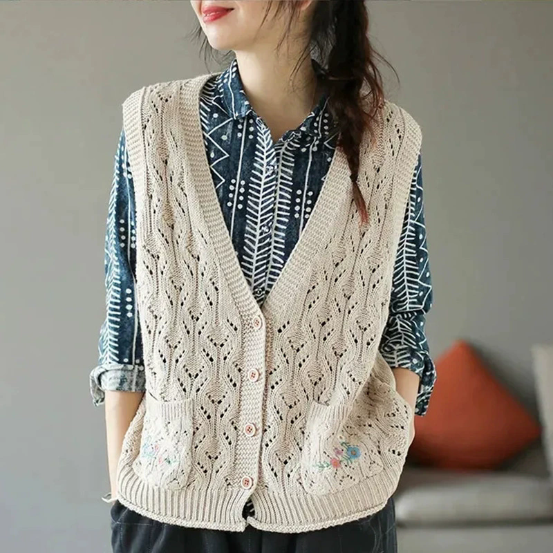 Gilet en tricot de mode coréenne pour femme, sans manches, avec poche fleurie, printemps-été, style vintage