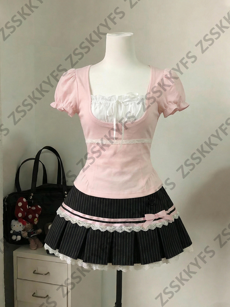 Robes décontractées pour femmes, robes élégantes roses mignonnes, robes coréennes des années 2000, t-shirt à nœud doux, jupe courte rayée en dentelle, vêtements Y2k, robe Lolita