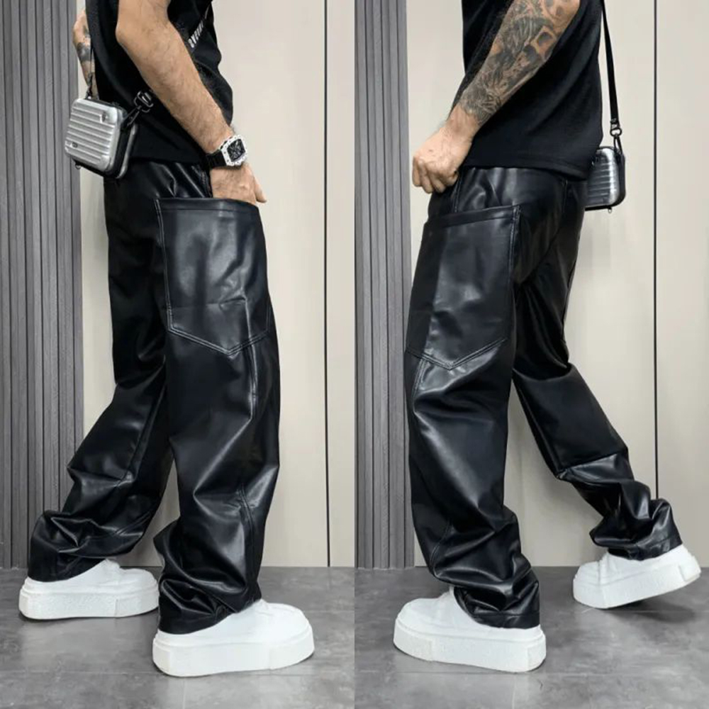 Pantalon en cuir PU multi-poches pour hommes, Streetwear, Hip-Hop américain, All-Match, Document solide, Simple, Pantalon décontracté, Vêtements pour hommes