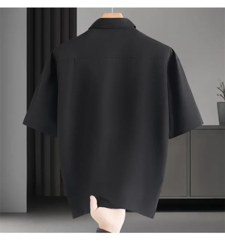 Chemises d'affaires haut de gamme pour hommes, couleur unie, manches courtes, en soie glacée, pour l'été, sans repassage, confortables et polyvalentes