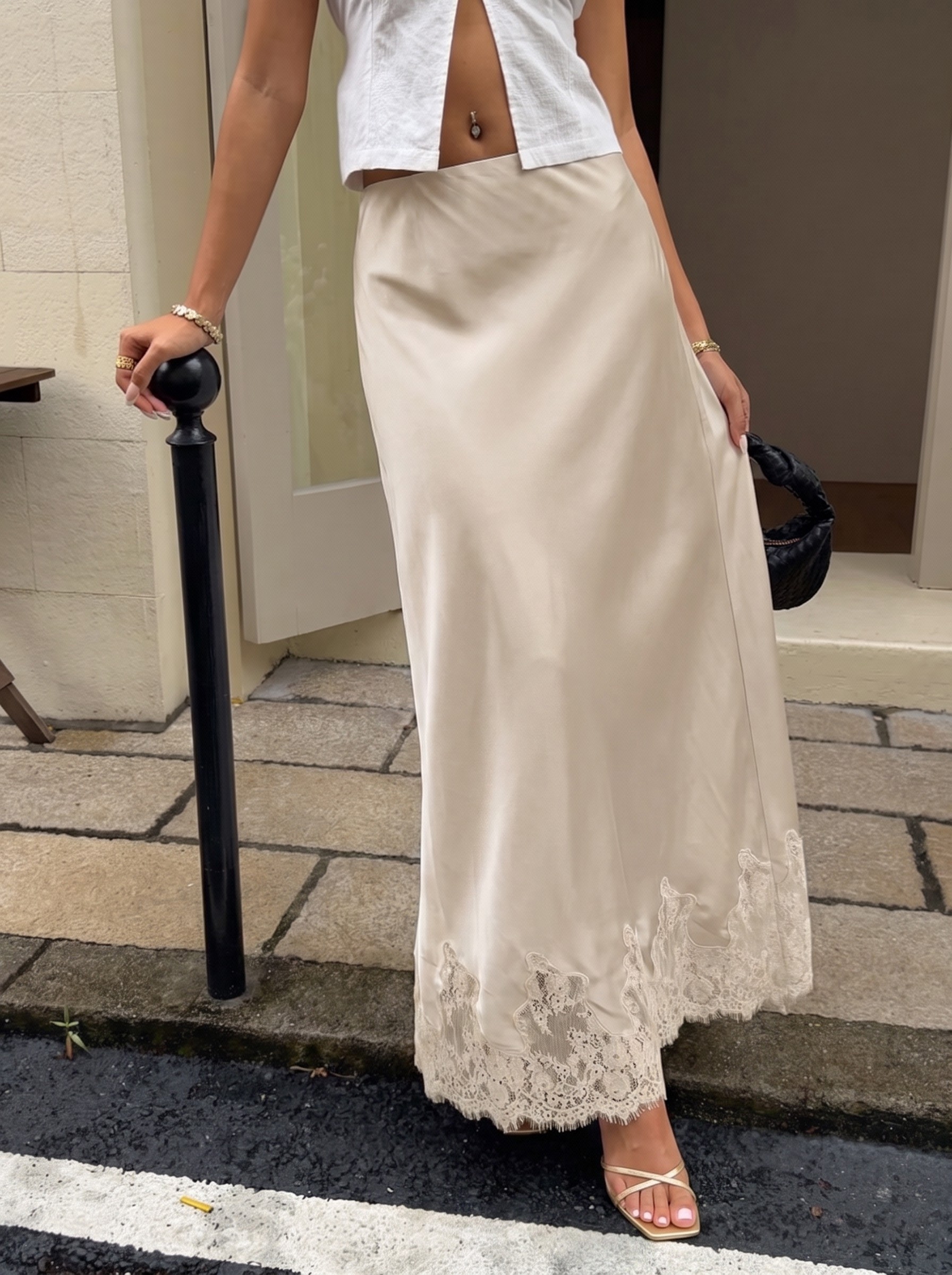 Jupe longue à taille haute pour femmes, avec ourlet en dentelle, coupe évasée, élégante, décontractée, idéale pour les vacances et le streetwear, bas fluide pour dames.