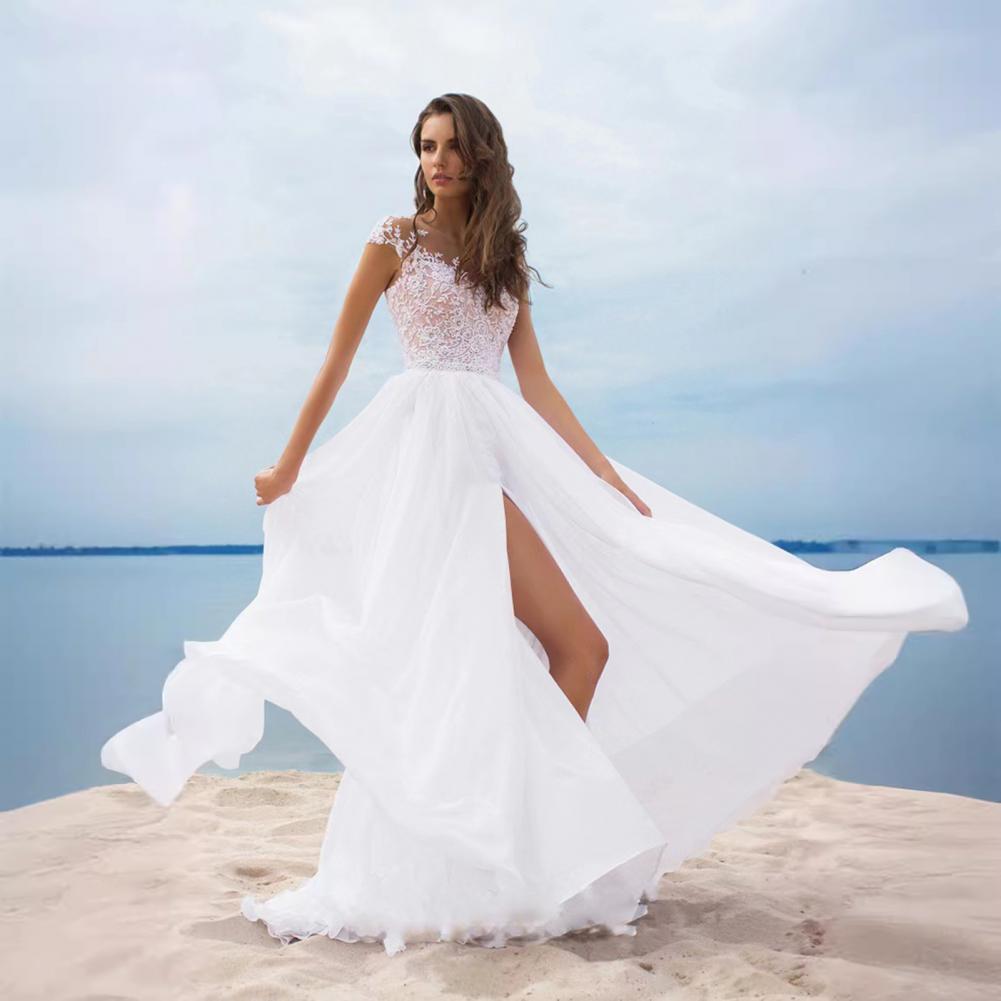 Robe de soirée élégante en dentelle pour femmes, col en v, robe de mariée en mousseline de soie avec fente, style Boho, plage pour bal de promo