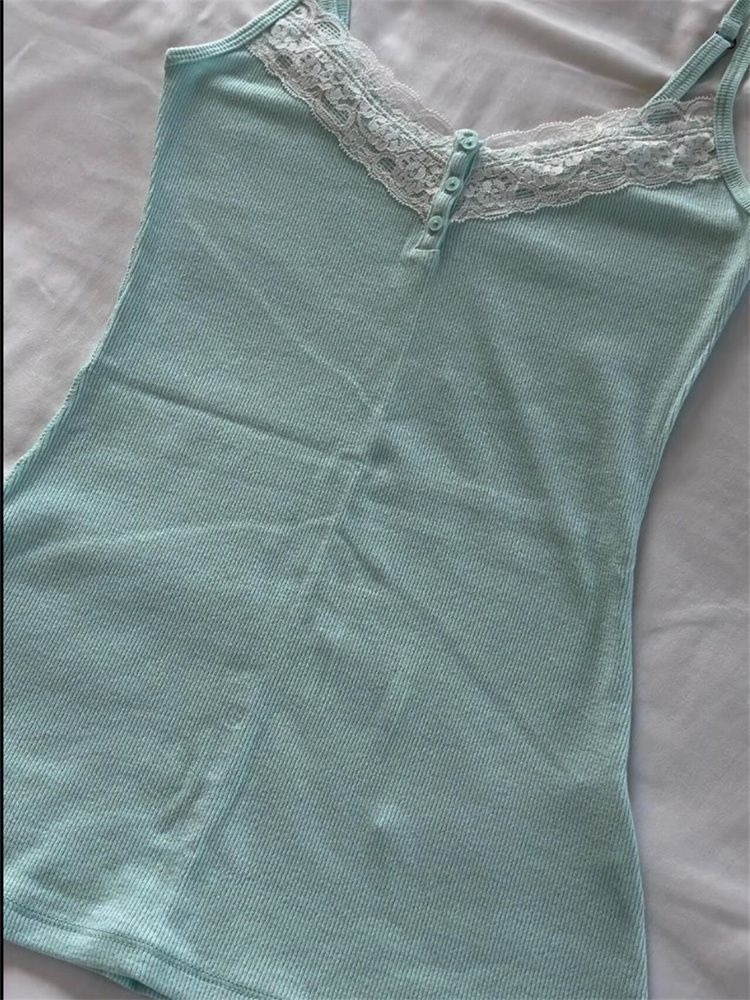 Débardeur Halter Rétro Chic Y2K pour Femme, Style Camisole Sexy et Doux, avec Patchwork en Dentelle Française et Bretelles Fines