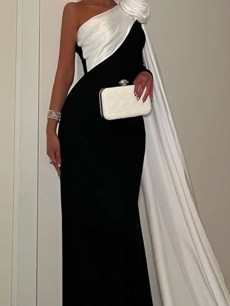 Robe longue décontractée, couleur bloquée, Slim, élégante, asymétrique épaule dénudée, manches longues, mode femme, taille haute, drapée, robe sirène