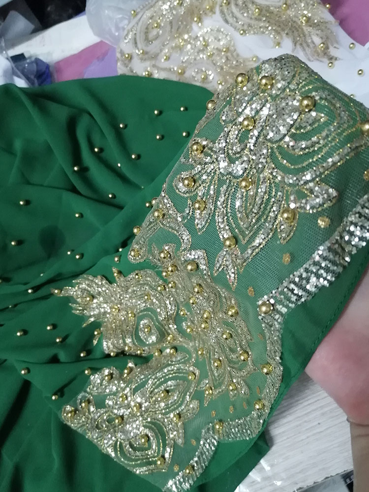 Musulman en mousseline de soie Hijabs Écharpe Turban or paillettes perles Hijab pour Femme Ramadan Foulard Musulmane Pour Femme Longue Foulard