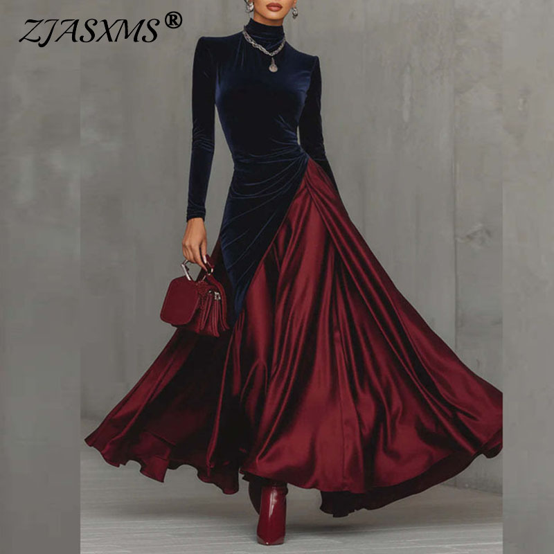 Robe de Banquet à col roulé pour femme, élégante, en velours, Patchwork, Satin plissé, manches longues, style Boho, Maxi, printemps, 2026