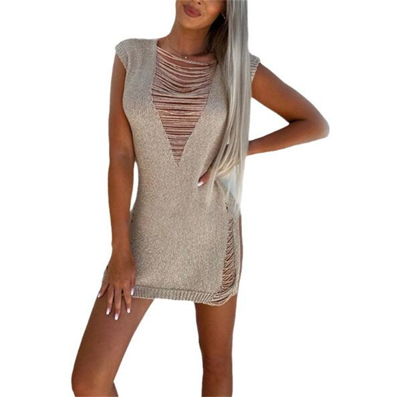 Mini robe de plage à franges en V profond pour femmes, vêtements de plage sexy, maillots de bain en fibre, maillot de bain au crochet, maillots de bain imbibés, couverture de bikini en tricot