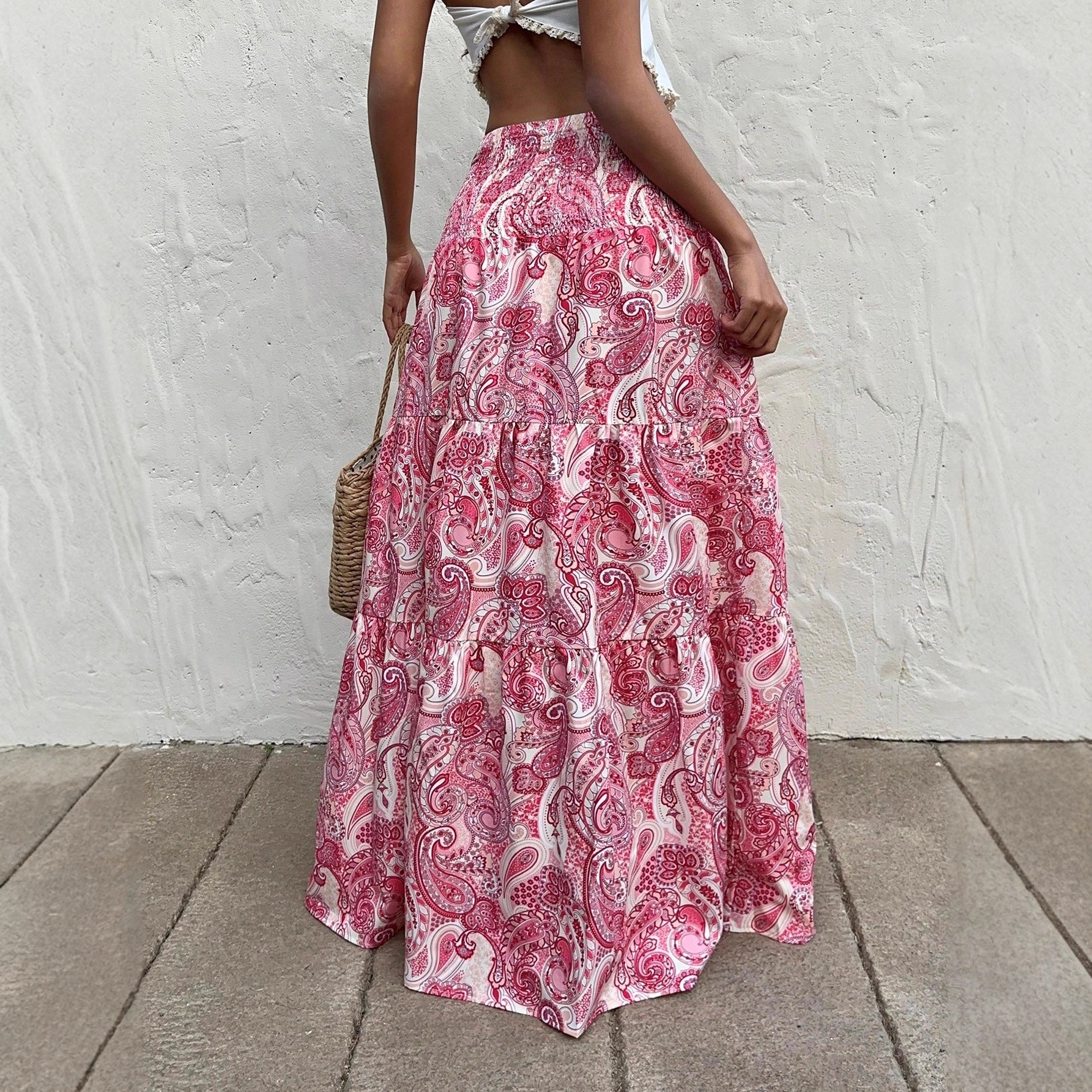 Jupe trapèze à imprimé bohème pour femme, nouvelle collection, confortable et décontractée, style vacances à la plage, taille élastique, longueur moyenne