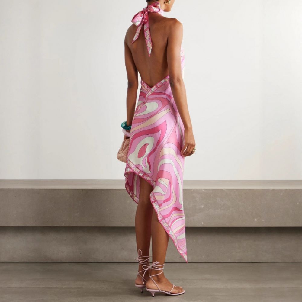 Robe midi élégante en satin imprimé pour femme, dos nu, en soie, coupe asymétrique, pour soirée, voyage d'été, tenue de plage 2026