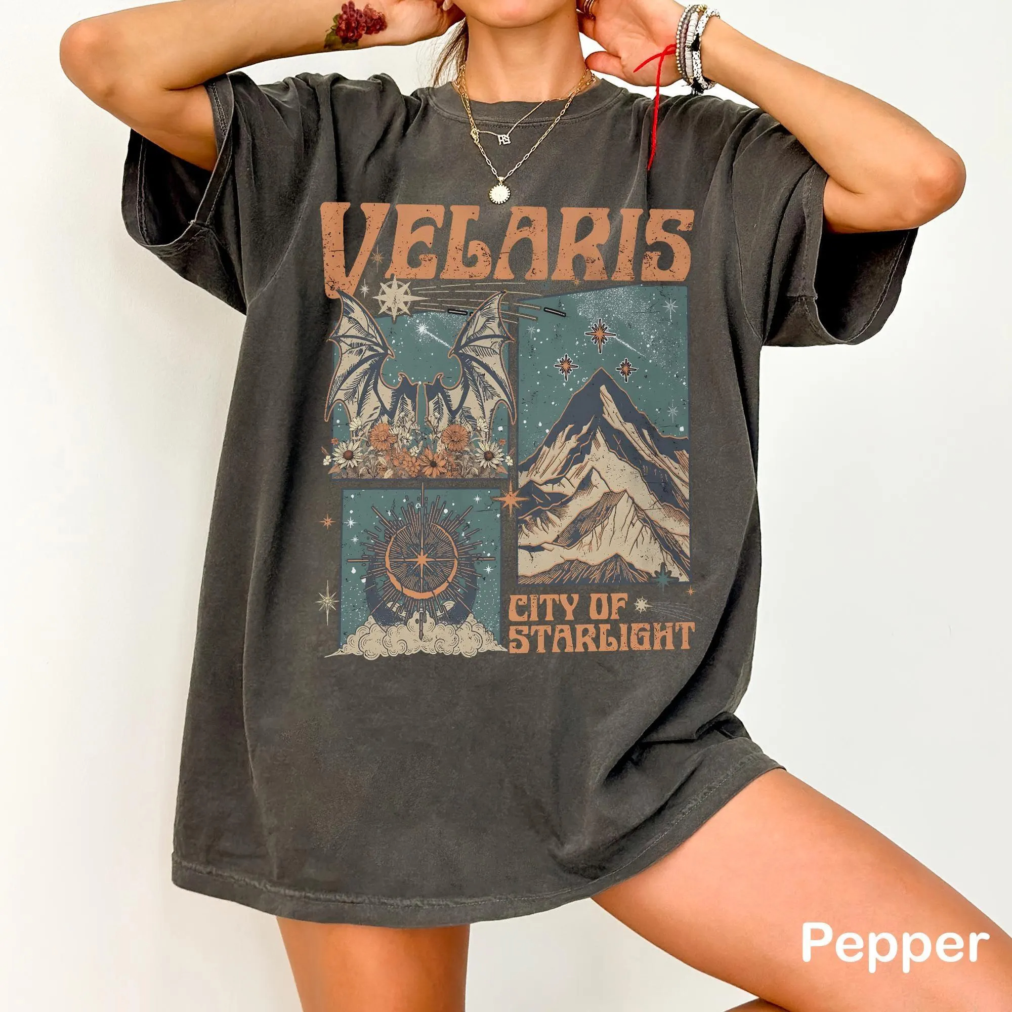 T-shirt Vintage Velaris PNG pour femmes, grande taille, été, City of Starlight, en coton respirant, élégant, polyvalent, style streetwear, surdimensionné