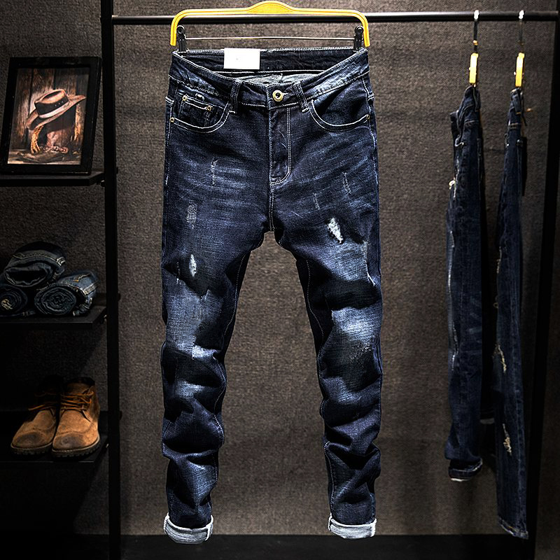 Jeans élastiques tendance pour hommes, déchirés, vintage, slim, en denim, pantalon hip-hop, usés, tendance, vêtements pour hommes