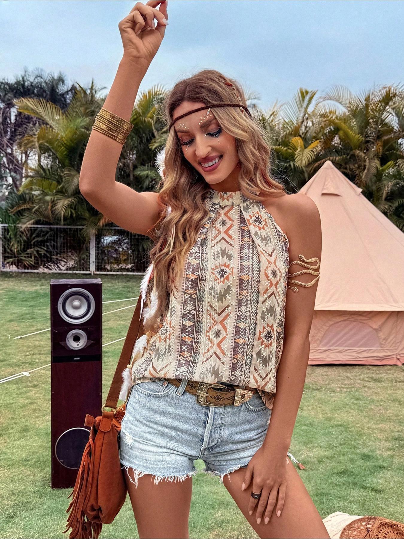 Chemise sans manches pour femmes, style bohème, parfaite pour les fêtes et les vacances, motif ethnique décontracté, coupe ajustée