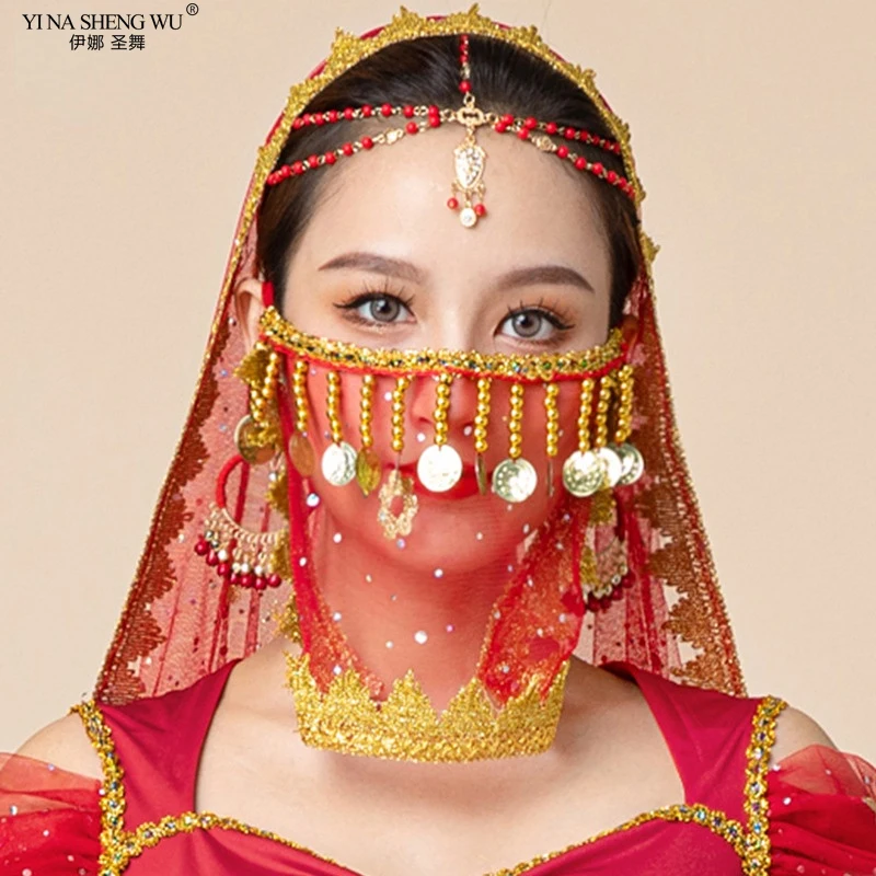 Voile de danse du ventre/danse indienne Hanfu, pompon, gaze à paillettes, accessoires de spectacle de danse, masque en maille de dentelle pour femmes