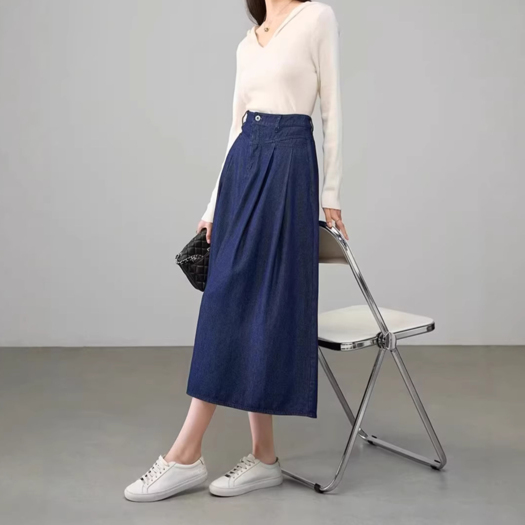 Jupe mi-longue élégante en denim plissée avec poches, coupe trapèze amincissante, taille élastique, nouveau style d'été pour femme