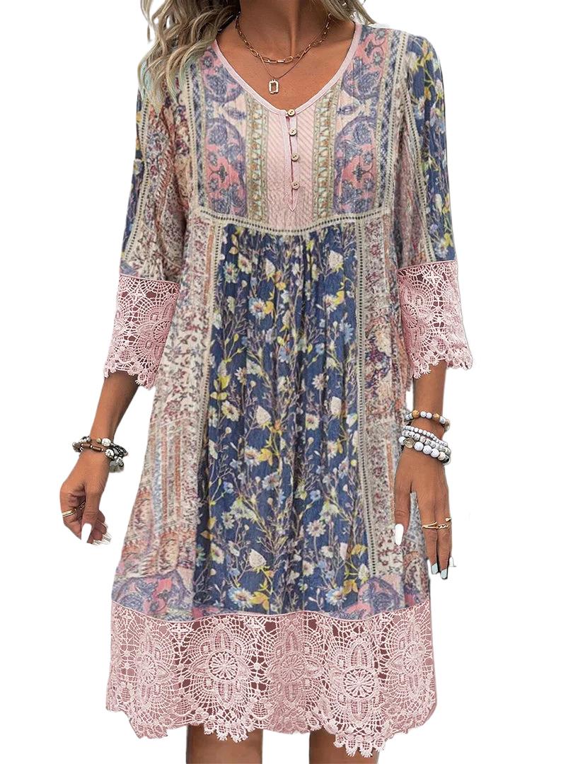 Robe en dentelle vintage pour femmes, nouvelle mode, imprimé fleuri, col en V, robes de bureau décontractées, printemps, été, 2025