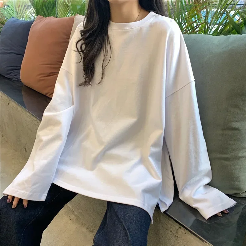 Harajuku T-shirt Long printemps automne solide Simple surdimensionné T-shirt pour femmes Goth T-shirts fendu blanc noir à manches longues hauts