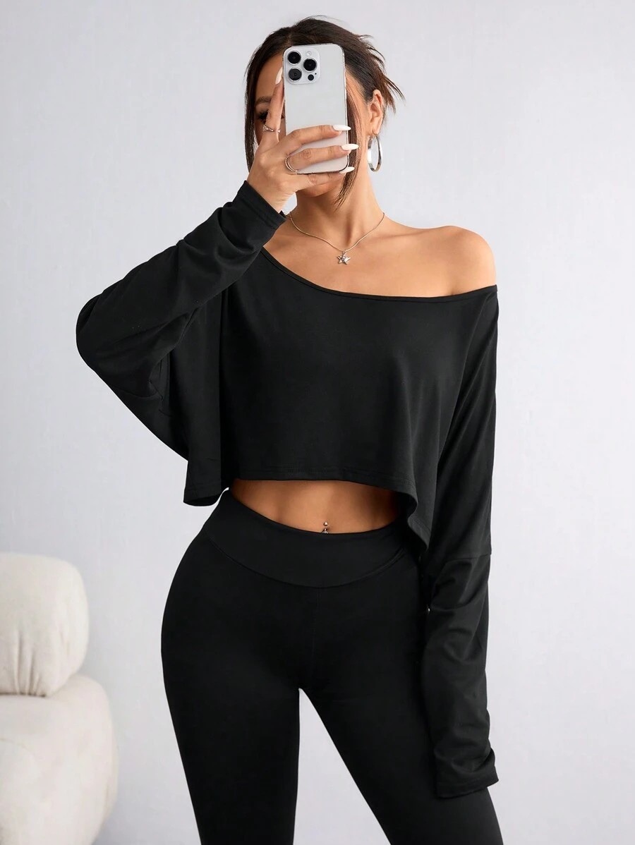 Chemisier noir à manches longues pour femmes, T-shirt décontracté, col asymétrique, haut sans bretelles pour le sport
