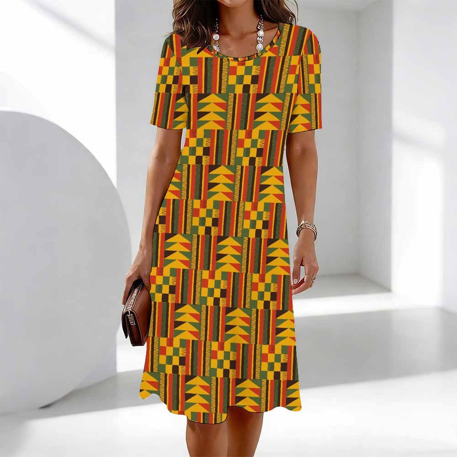 Robe midi classique pour femme à imprimé léopard, manches courtes, col rond, coupe ample, décontractée, style A, pour tous les jours