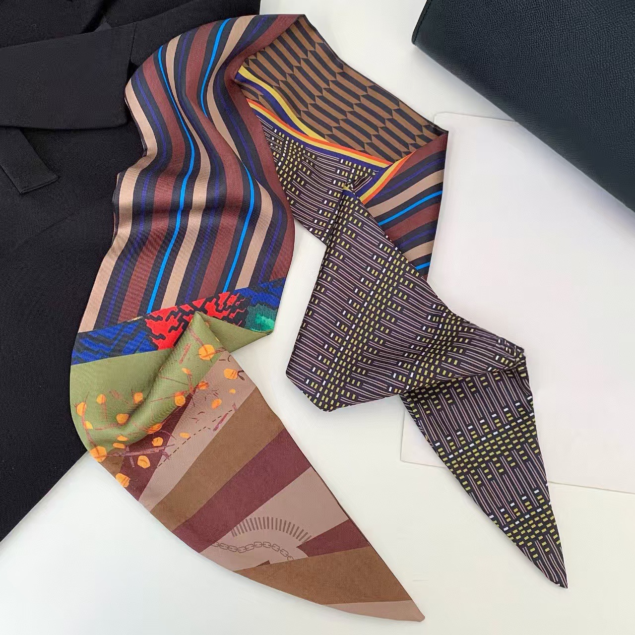 Foulard en soie biaisé imprimé de luxe pour femme, ruban long pour cheveux, cravate, foulard pour sac à main, foulard fin en satin, ceinture en jean