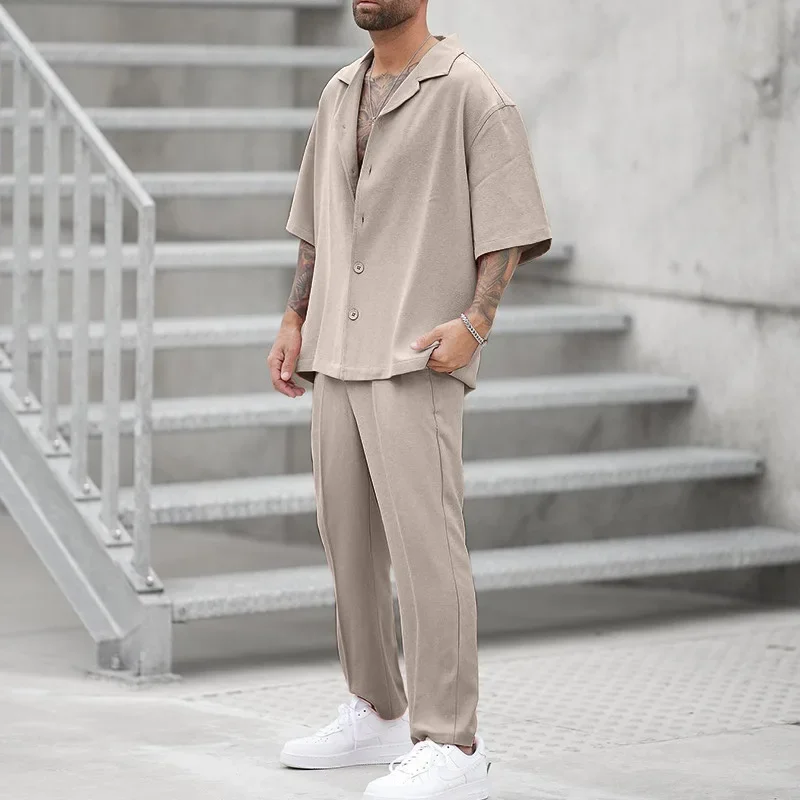 Ensemble Chemise et Pantalon à Revers pour Homme, Vêtements Décontractés, Couleur Unie, Manches Courtes, Costumes 2 Pièces, Tenues de Loisirs, Été