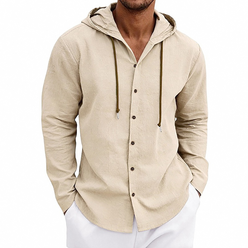 Chemise à capuche pour homme en coton et lin, couleur unie, style simple, avec cordon de serrage, style basique, confortable, légère, décontractée, à boutons