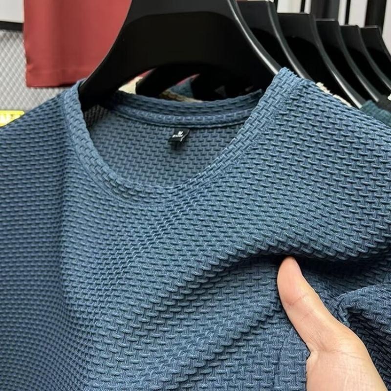 Maille glace soie T-shirt hommes à manches courtes col rond nouveau T-manches hommes bas chemise été couleur unie haut pour hommes