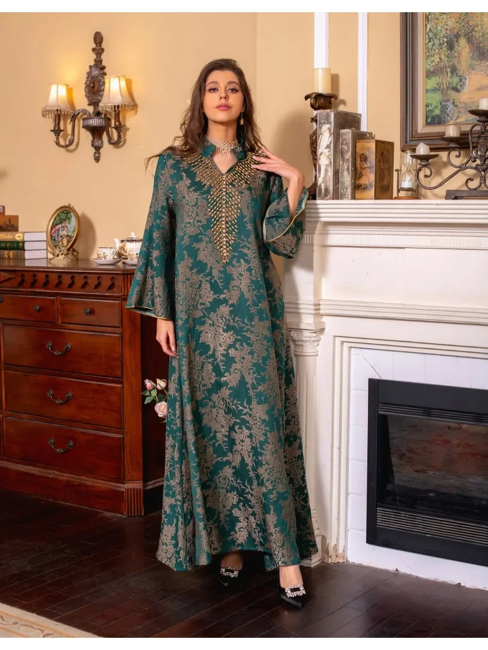 Abaya-Robe musulmane Eid pour femmes, col montant perlé, Jalabiya, robes de soirée marocaines, Abayas caftan, robe arabe longue éducative