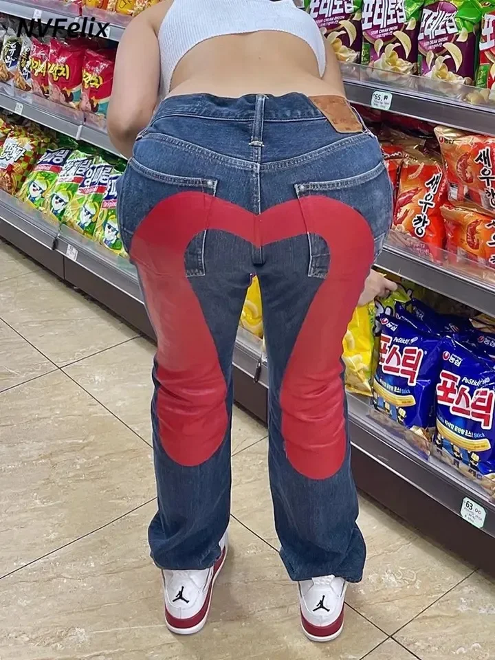 Jean gothique Y2K rétro pour femmes, Streetwear noir Cargo Punk Vintage Kpop imprimé jambes larges, pantalon en Denim, automne
