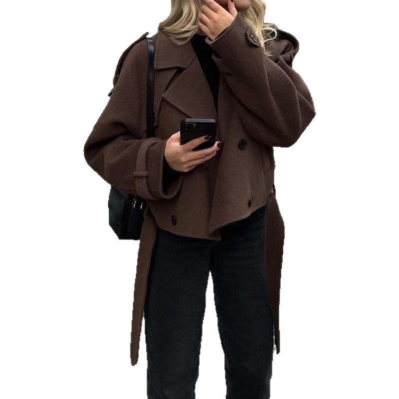 Manteau femme 2026 décontracté 2025 Nouveau manteau court en laine à grand revers avec ceinture, veste à la mode, vêtements pour femmes