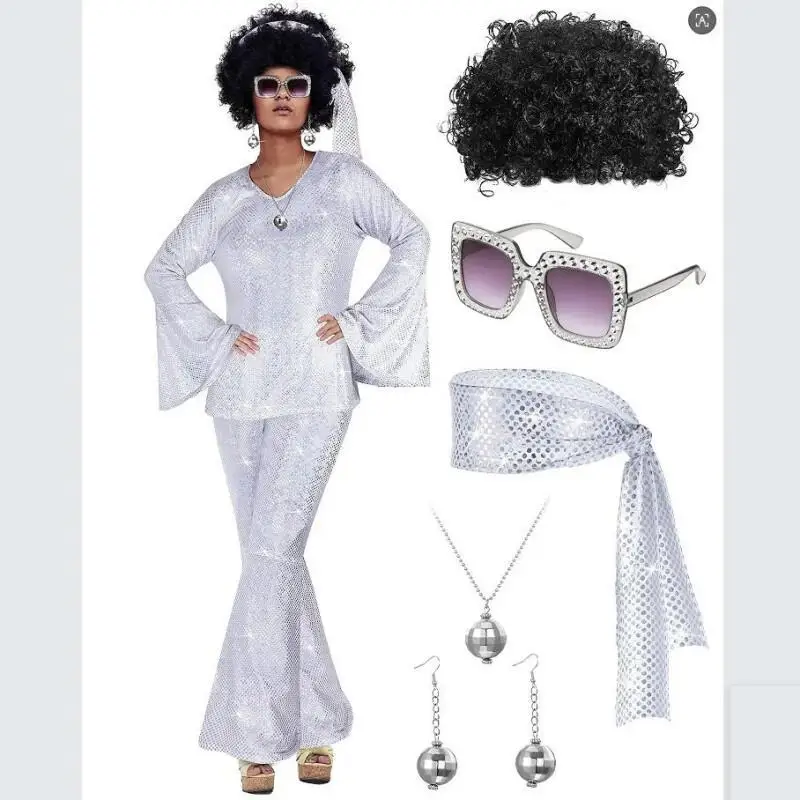 Costume de fête disco années 70 pour femme : haut, pantalon, lunettes de soleil, collier, boucles d'oreilles, perruque pour Halloween, Pâques et déguisements