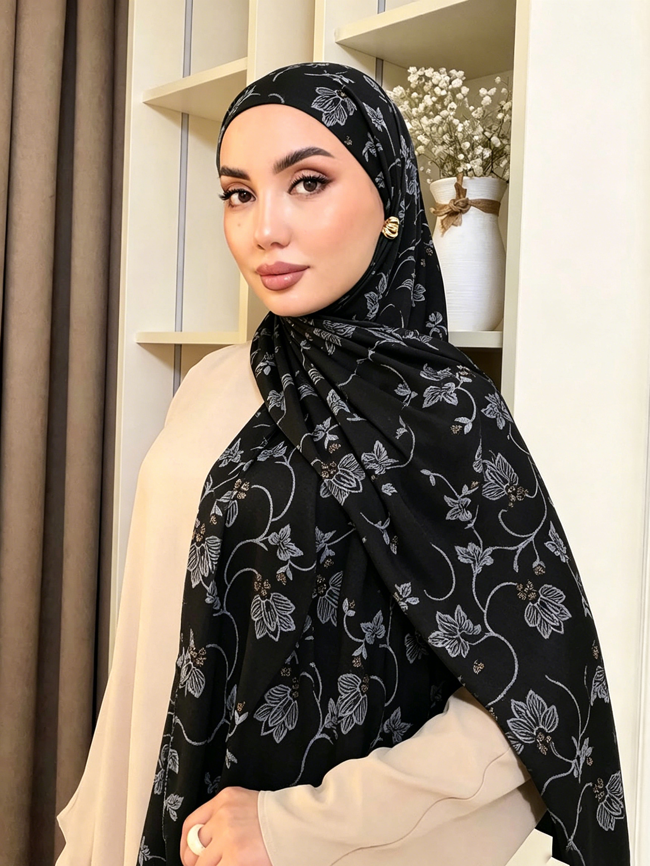 Hijab en satin pailleté de qualité supérieure, imprimé feuilles et fleurs rétro, foulard respirant et soyeux, couvre-chef islamique pour femmes, châle élégant