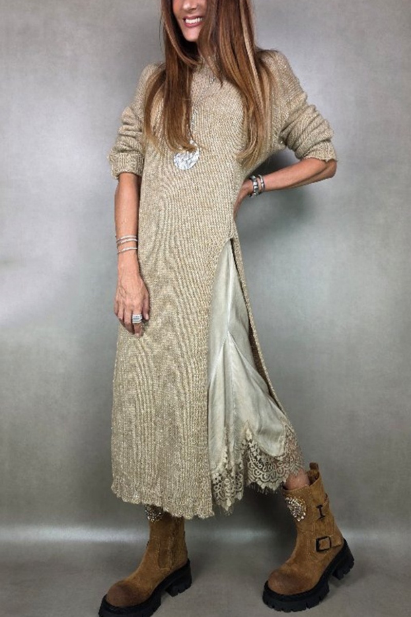 Robe pull pour Femme, Streetwear, manches longues, col rond, fente haute, longue, décontractée, ample, automne