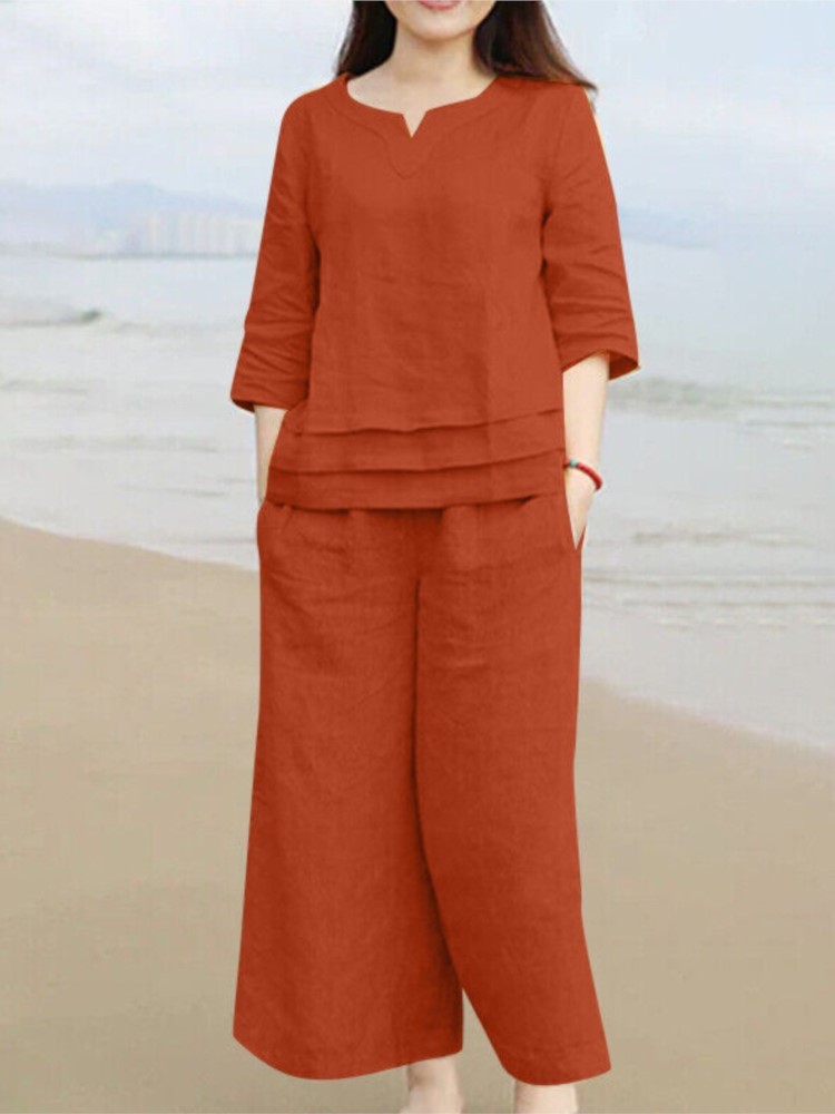 Ensemble pantalon en coton et lin pour femmes, nouveaux Styles décontractés, ample, couleur unie, manchette centrale, poche, ensemble deux pièces, printemps été