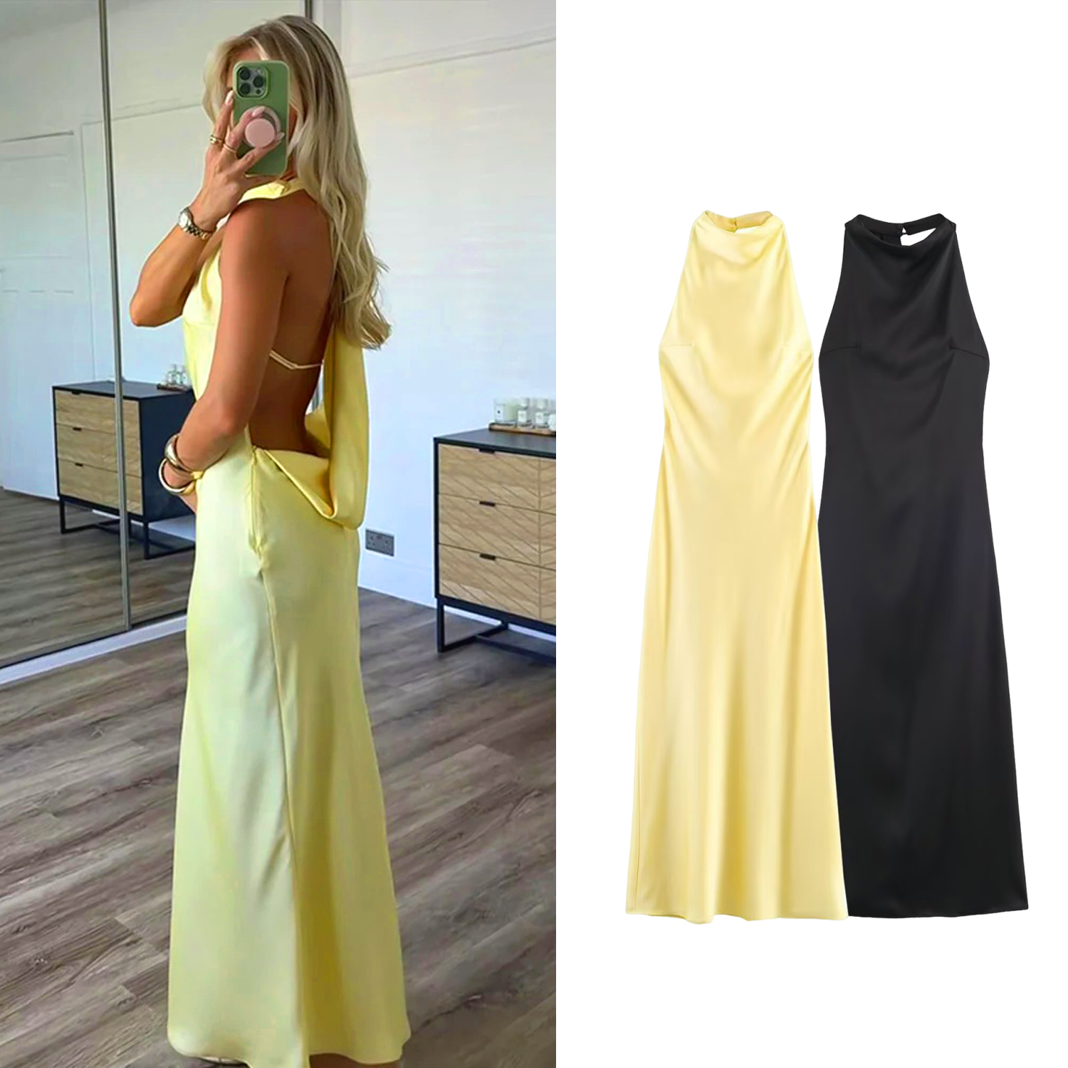 Robe longue de soirée pour femme, élégante, en satin, dos nu, style halter, plissée, sans manches, jaune, pour l'été