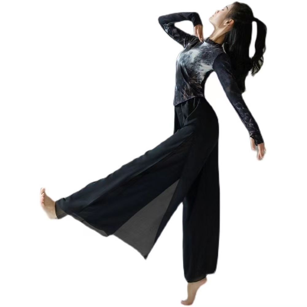 Nouvelle danse moderne danse classique noir cravate-teinture haut Performance pratique Costume Yoga fluide en mousseline de soie pantalon à jambes larges