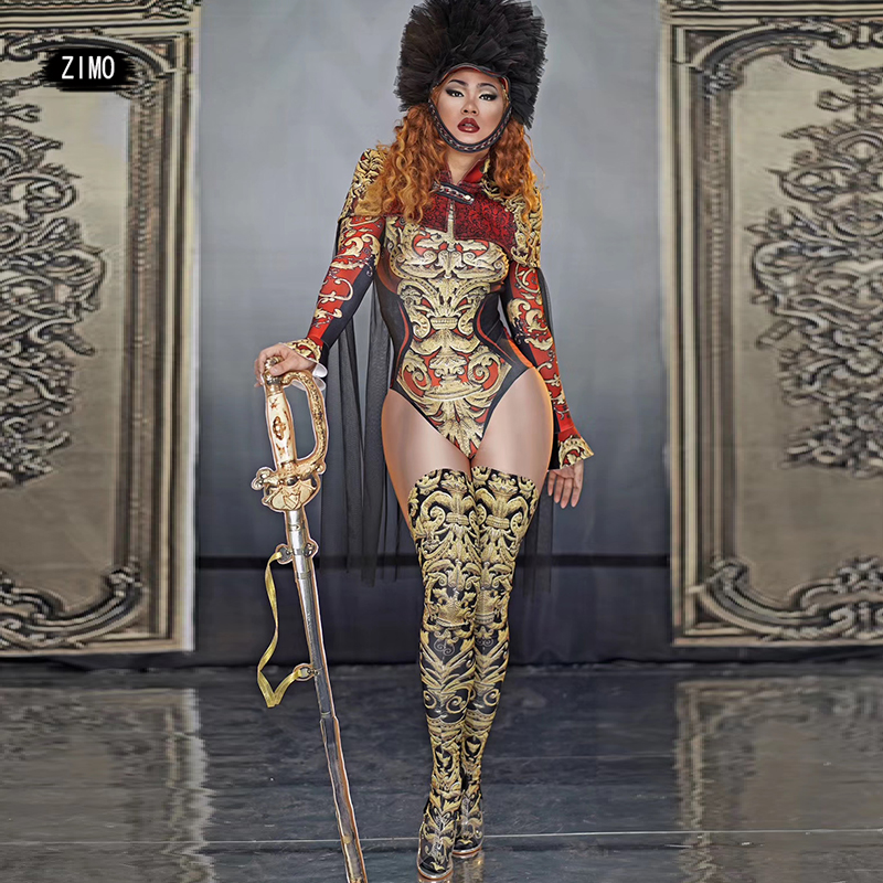 Costume de scène homme/femme, uniforme militaire, combinaison vintage imprimée, cape, tenue de danse, déguisement de drag queen