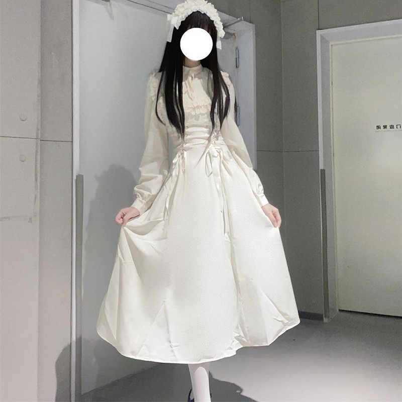 Robe française élégante en dentelle à manches longues pour femmes, taille haute, Patchwork, mode Lolita Kawaii, nouvelle collection à lacets