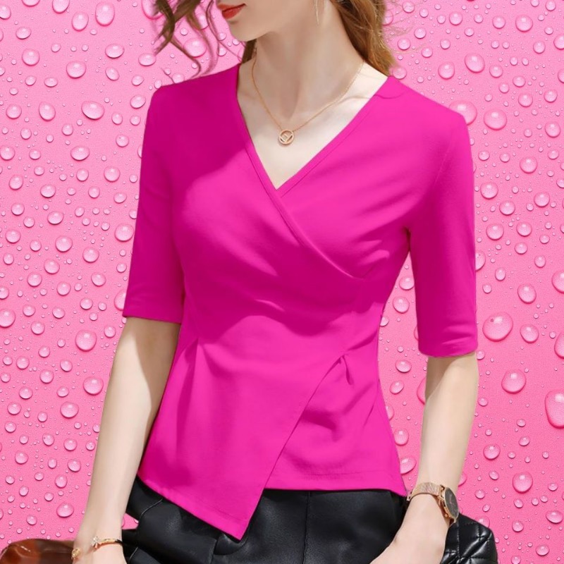 4XL 2023 femmes chemisiers d'été col en v dame mode décontracté à manches courtes bureau Sexy couleur unie vêtements hauts et t-shirts WY0856